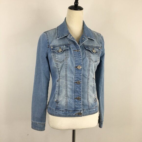 GUESS Blue/Light Wash Distressed Logo Hardware Stretchy Denim Jacket - Picture 1 of 15